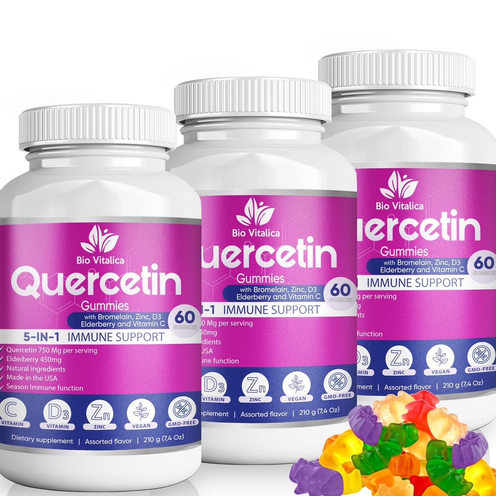 (3 Pack) Quercetin Gummies by BioVitalica - Quercetin with Bromelain Vitamin C and Zinc & Elderberry + Vitamin D3-5 in 1 Immune Support - Zinc Quercetin 750 mg for Kids and Adults