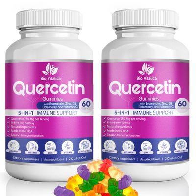 (2 Pack) Quercetin Gummies by BioVitalica - Quercetin with Bromelain Vitamin C and Zinc & Elderberry + Vitamin D3-5 in 1 Immune Support - Zinc Quercetin 750 mg for Kids and Adults