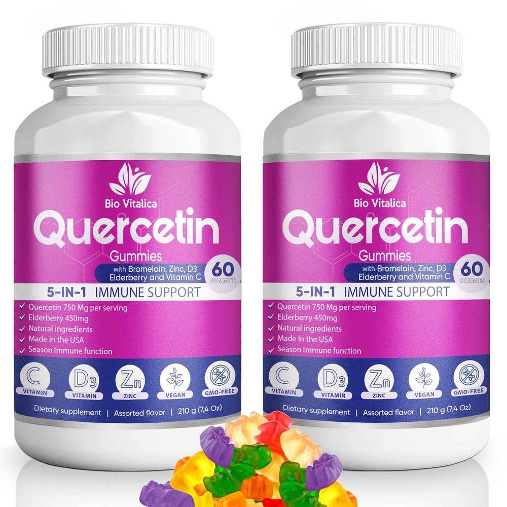(2 Pack) Quercetin Gummies by BioVitalica - Quercetin with Bromelain Vitamin C and Zinc & Elderberry + Vitamin D3-5 in 1 Immune Support - Zinc Quercetin 750 mg for Kids and Adults