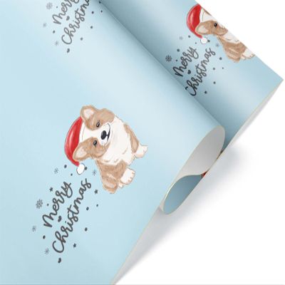 Cute Santa Hat Corgi Blue Christmas Wrapping Paper Premium Gift Wrap (One 20 inch x 30 inch sheet)