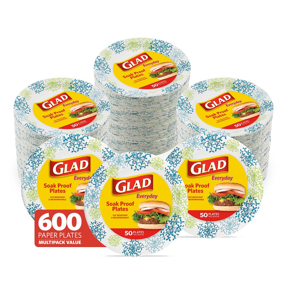 Glad Round Disposable Paper Plates, Blue Hydrangea Pattern - Strong, Sturdy, Soak Proof, and Microwavable Decorative Plates for Dinner and Everyday Use, 10 Inch, 50 Count - 12 Pack