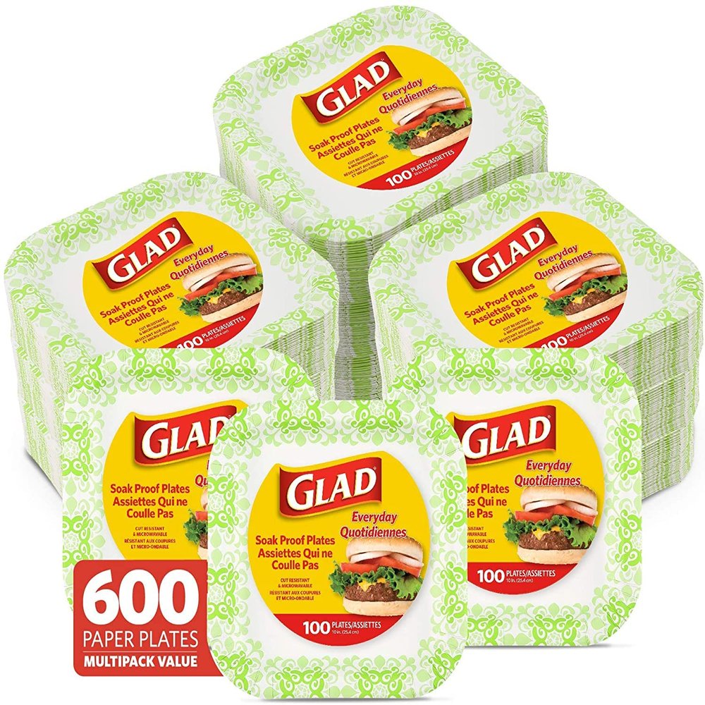 Glad Square Heavy Duty Paper Plates, Soak Proof and Cut Proof Disposable Plates for Parties and Everyday Meals, Microwaveable for Easy Serving, Green Victorian Pattern, 10 Inch, 100 Count - 6 Pack
