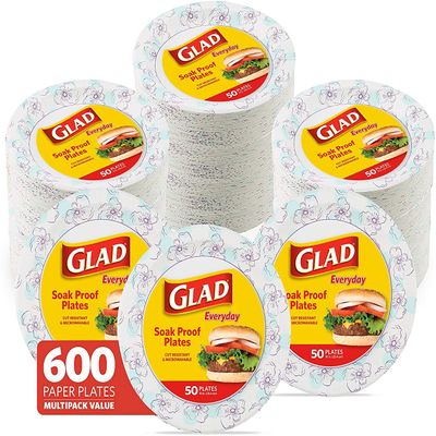 Glad Round Disposable Paper Plates, Blue Flower Design, Heavy Duty Soak Proof Cut Resistant Microwave Safe Plates for Meals, Parties, Picnics, and Events, 10 Inch, 50 Count - 12 Pack