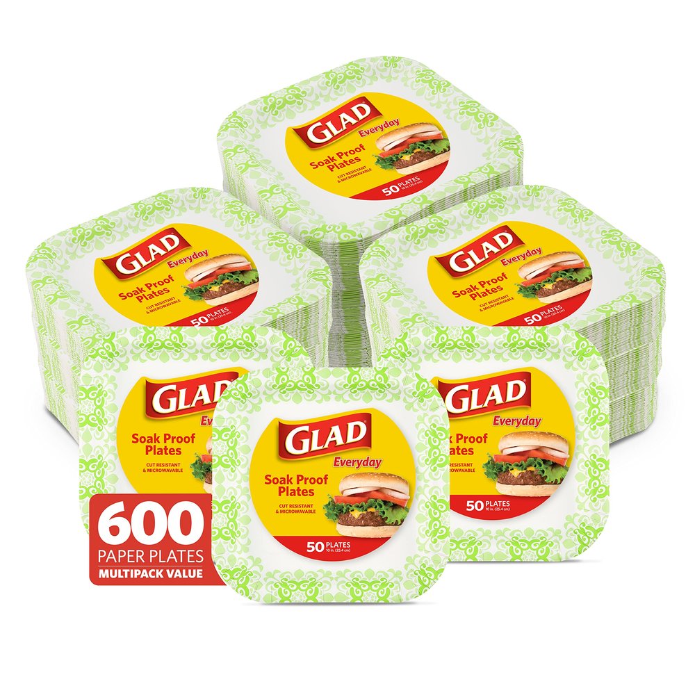 Glad Square Heavy Duty Paper Plates, Soak Proof and Cut Proof Disposable Plates for Parties and Everyday Meals, Microwaveable for Easy Serving, Green Victorian Pattern, 10 Inch, 50 Count - 12 Pack