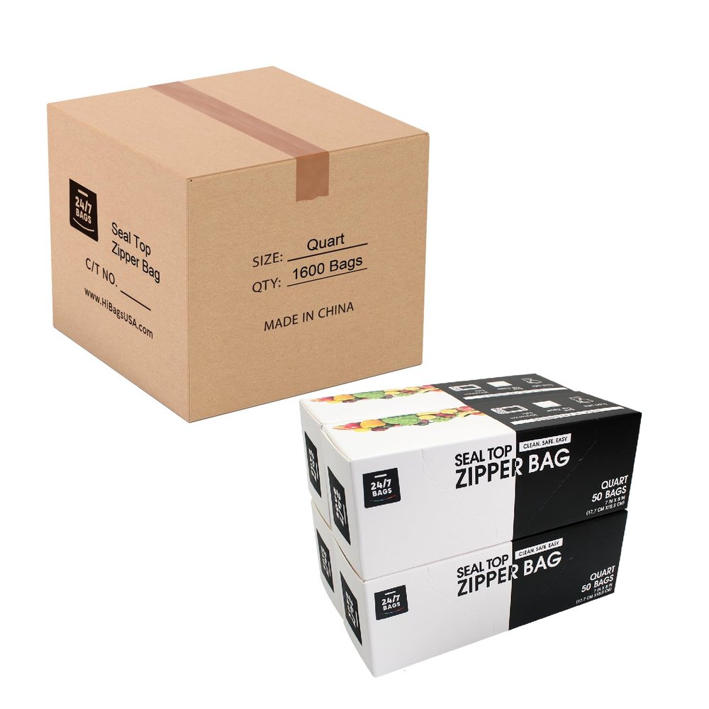 24/7 Bags- Quart Zip Storage Bags, Case Pack, 1600 Count, Double Zipper Seal, Easy Grip Open Tabs, Write-On Space, BPA-Free & Heavy Duty, 32 Boxes of 50