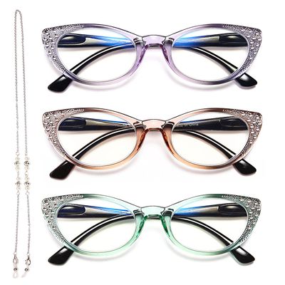 EYEURL Cat Eye Reading Glasses for Women Blue Light Blocking 3 Pack Computer Readers 2.75 with Spring Hinge Eyeglasses Stylish Bright Flashing Design