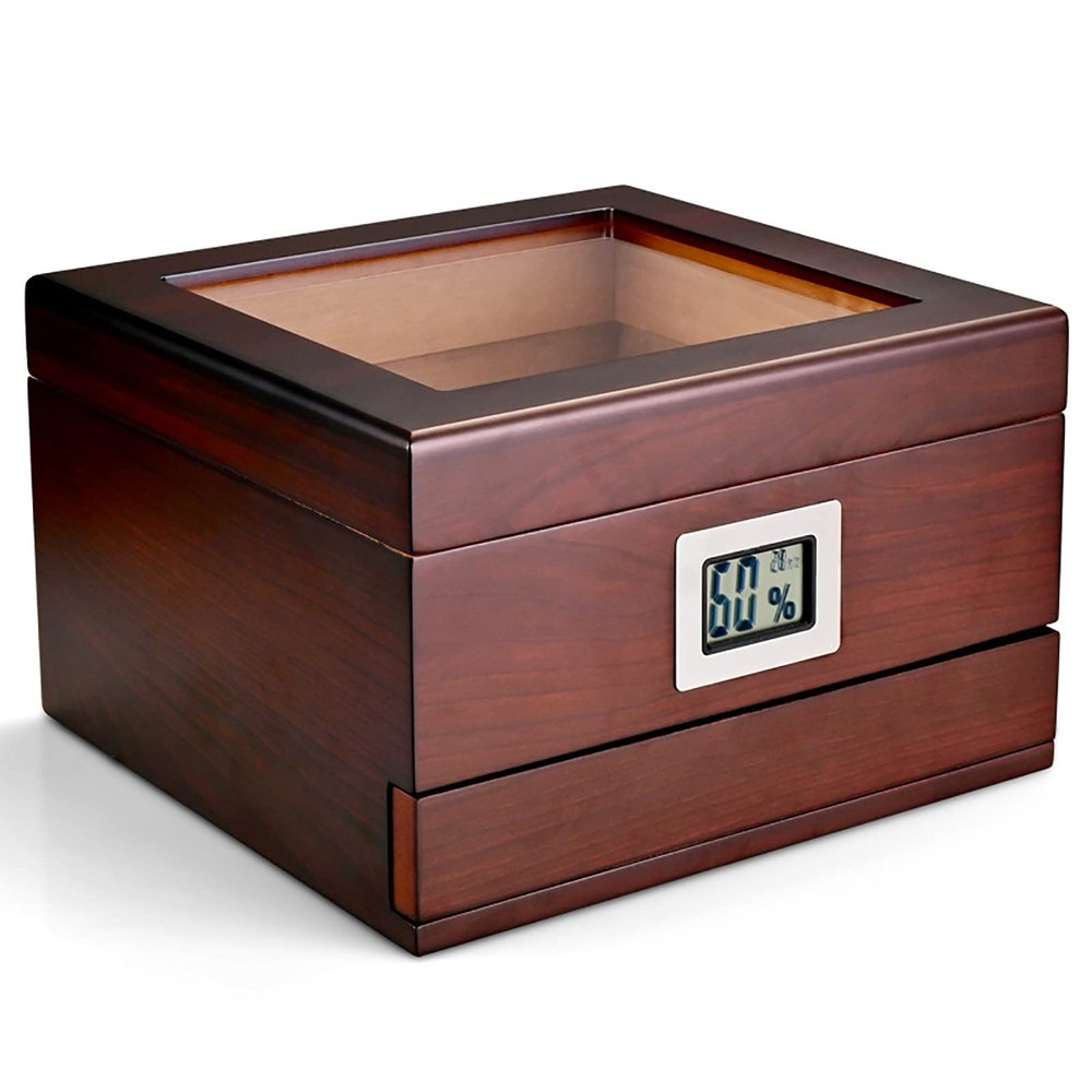 Hand Humidification Cigar Humidor with Front Digital Hygrometer,Cedar Wood Cigar Humidor with Drawers,Tempered Glass Top Display,Holds 40-45 Cigars,A-1Drawer