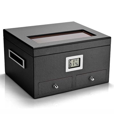Hand Humidification Cigar Humidor with Front Digital Hygrometer,Cedar Wood Cigar Humidor with Drawers,Tempered Glass Top Display,Holds 40-45 Cigars,D-2Drawer