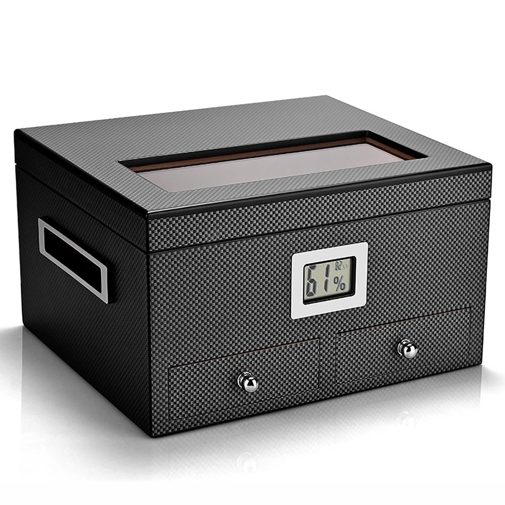 Hand Humidification Cigar Humidor with Front Digital Hygrometer,Cedar Wood Cigar Humidor with Drawers,Tempered Glass Top Display,Holds 40-45 Cigars,D-2Drawer