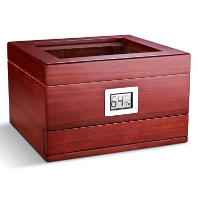Hand Humidification Cigar Humidor with Front Digital Hygrometer,Cedar Wood Cigar Humidor with Drawers,Tempered Glass Top Display,Holds 40-45 Cigars,B-1Drawer