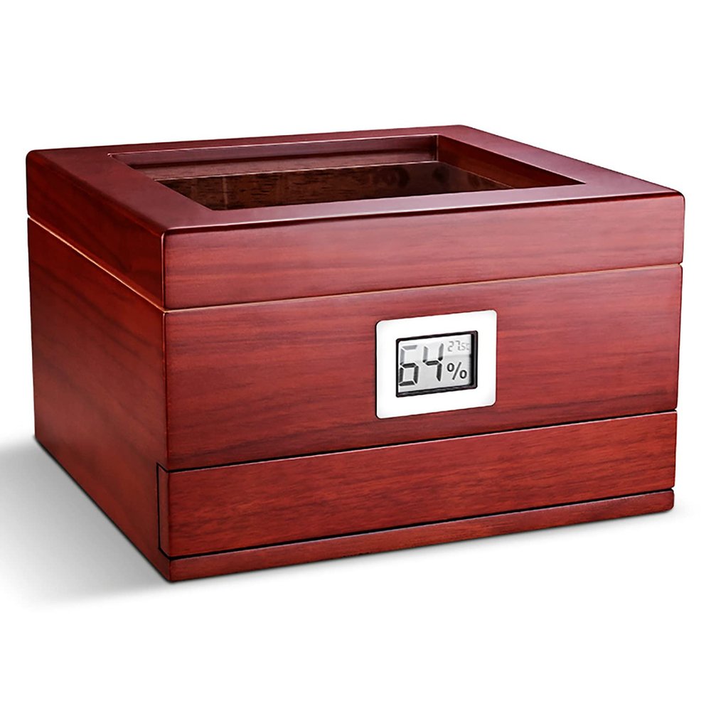 Hand Humidification Cigar Humidor with Front Digital Hygrometer,Cedar Wood Cigar Humidor with Drawers,Tempered Glass Top Display,Holds 40-45 Cigars,B-1Drawer