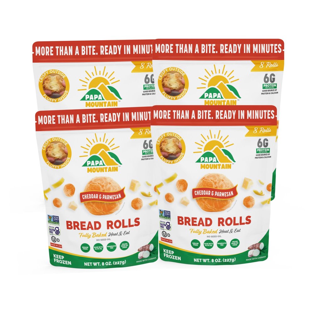 Papa Mountain Bread Rolls | 6g Protein, Non-GMO, Gluten Free, Seed Oil Free | Heat & Eat, Frozen Bread, Appetizer, Snack, Lunch or Dinner Rolls (4 Pack, Cheddar-Cheese)