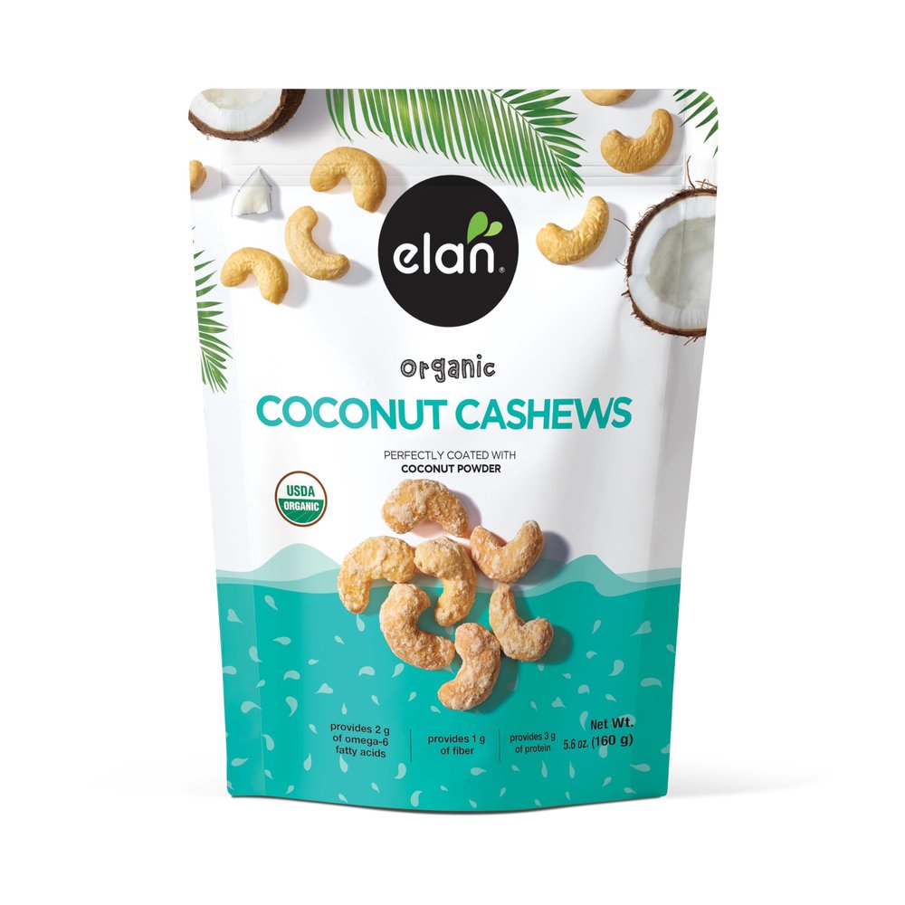 Elan Organic Coconut Cashews, 5.6 oz, Non-GMO, Gluten-Free, Vegan, Kosher, Glazed Nuts (Roasted Cashews, Coconut Milk Powder, Himalayan Pink Salt), Superfood Infused Nuts