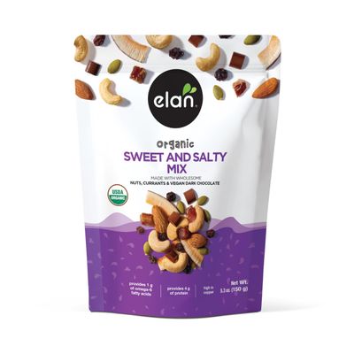 Elan Organic Sweet & Salty Mix, 5.3 oz, Non-GMO, Gluten-Free, Vegan, Kosher, Vegan Dark Chocolate, Dried Fruits (Raisins, Dates), Nuts (Roasted Cashews, Roasted Almonds) & Pumpkin Seeds