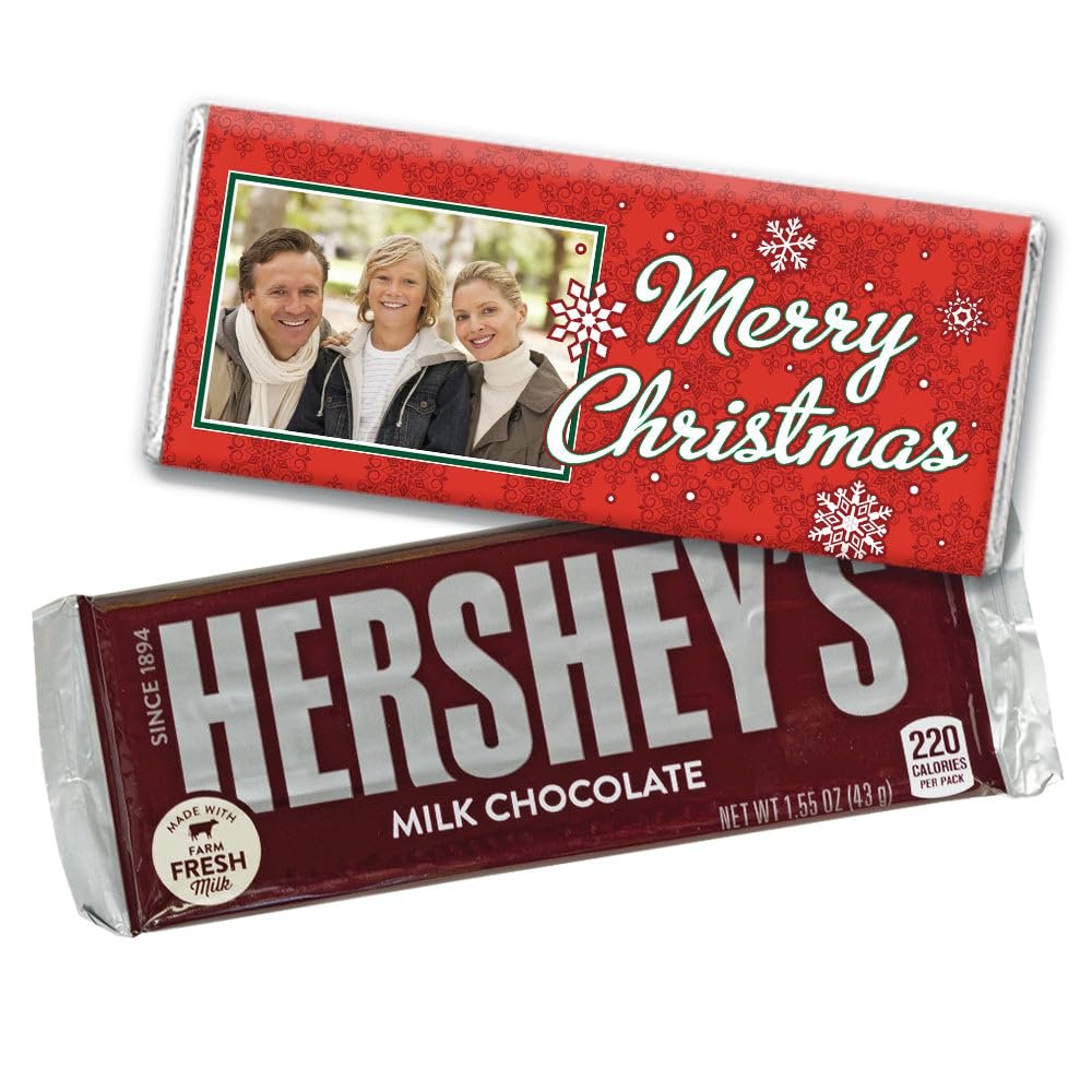 12ct Personalized Christmas Candy Chocolate Bar Party Favors with Photo (12 Pack) - No Assembly Required - Snowflakes Theme