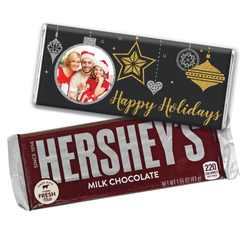 12ct Personalized Christmas Candy Chocolate Bar Party Favors with Photo (12 Pack) - No Assembly Required - Ornament Theme