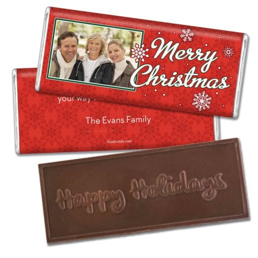12ct Personalized Christmas Candy Happy Holidays Embossed Chocolate Bar Party Favors with Photo (12 Pack) - No Assembly Required - Snowflakes Theme