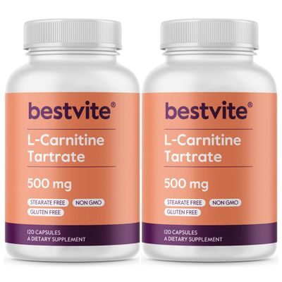 BESTVITE L-Carnitine Tartrate 500mg per Capsule (240 Capsules)(120x2) - No Stearates - Non GMO - Gluten Free - Supports Heart Health & Energy Production*