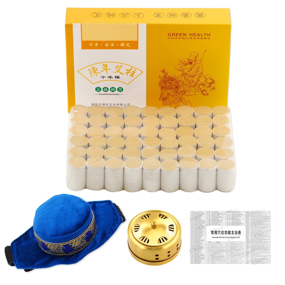 10-Year High Purity 60:1 Pure Moxa Sticks 54 Rolls, with Moxibustion Copper Burner Box, Acupoint Map and Smoke Filter Cloth Bag (Upgraded New Set)