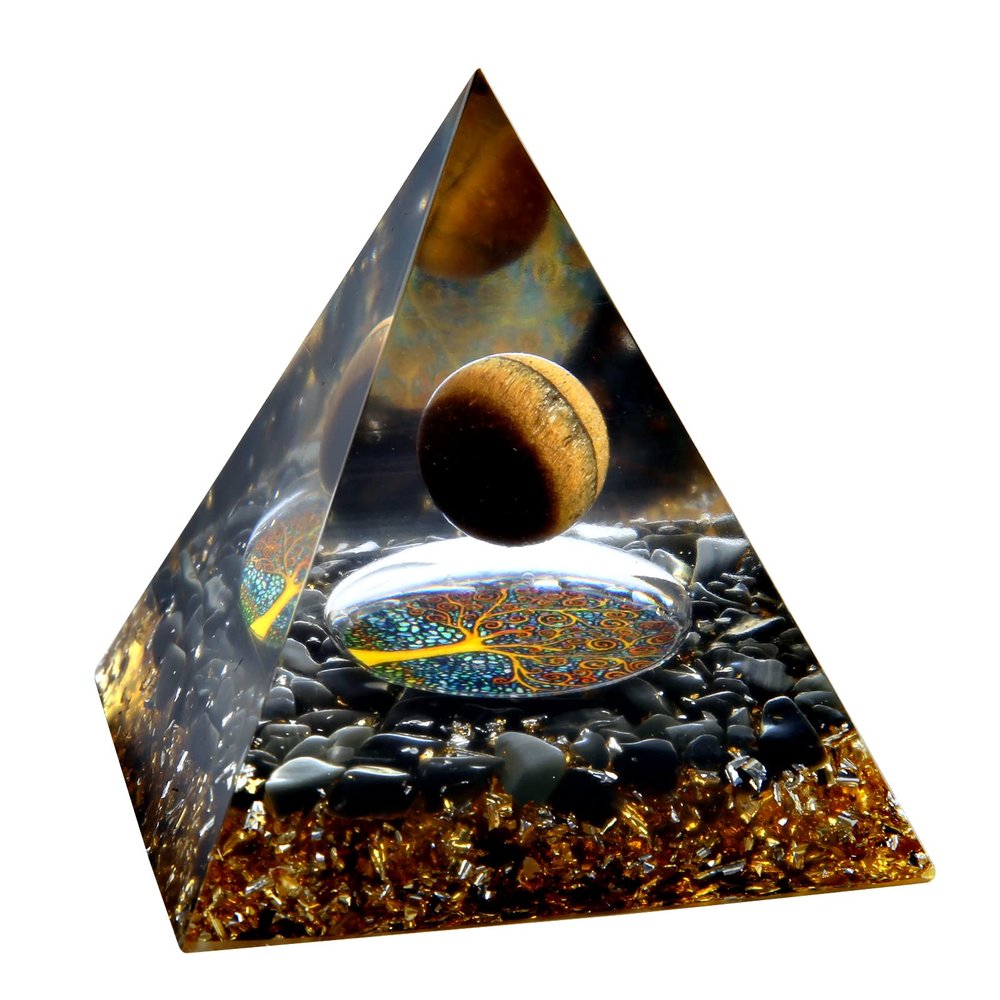 Orgone Pyramid - Positive Energy Source for Meditation, Stress Relief, Wealth Attraction | Crystal Pyramid Orgonite with Protection Crystals | Ideal Energy Generator & Stylish Room Decor