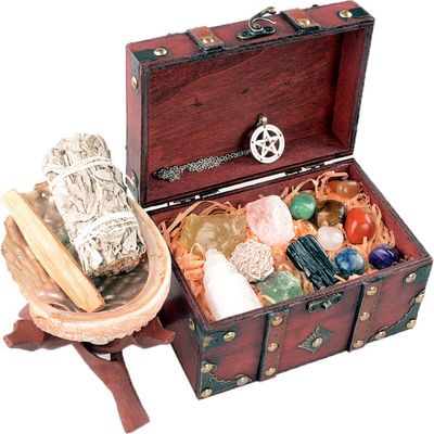 Healing Crystals and Sage Smudge Kit, 18 pc. Chakra Crystals Box for Beginners, Energy Crystals for Witchcraft, Meditation Accessories. Chakra and Cleansing Kit.