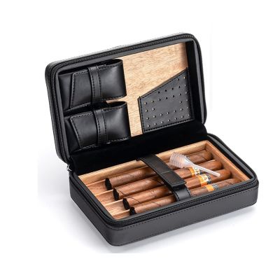 Cigar Case Leather, Cigar Case Holder Traveling, Cigar Humidor Cedar Wood Plaid Pattern Travel Cigar Box Gift for Men Women Friends Golf Bar Trip,Black