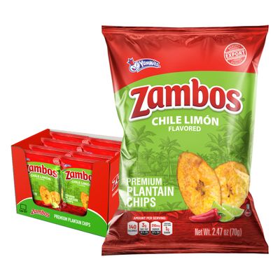 Zambos Plantain Chips Chili Limon, Crunchy Plantain Chips With Chili, Lime and Salt 2.47 oz, 8 Pack