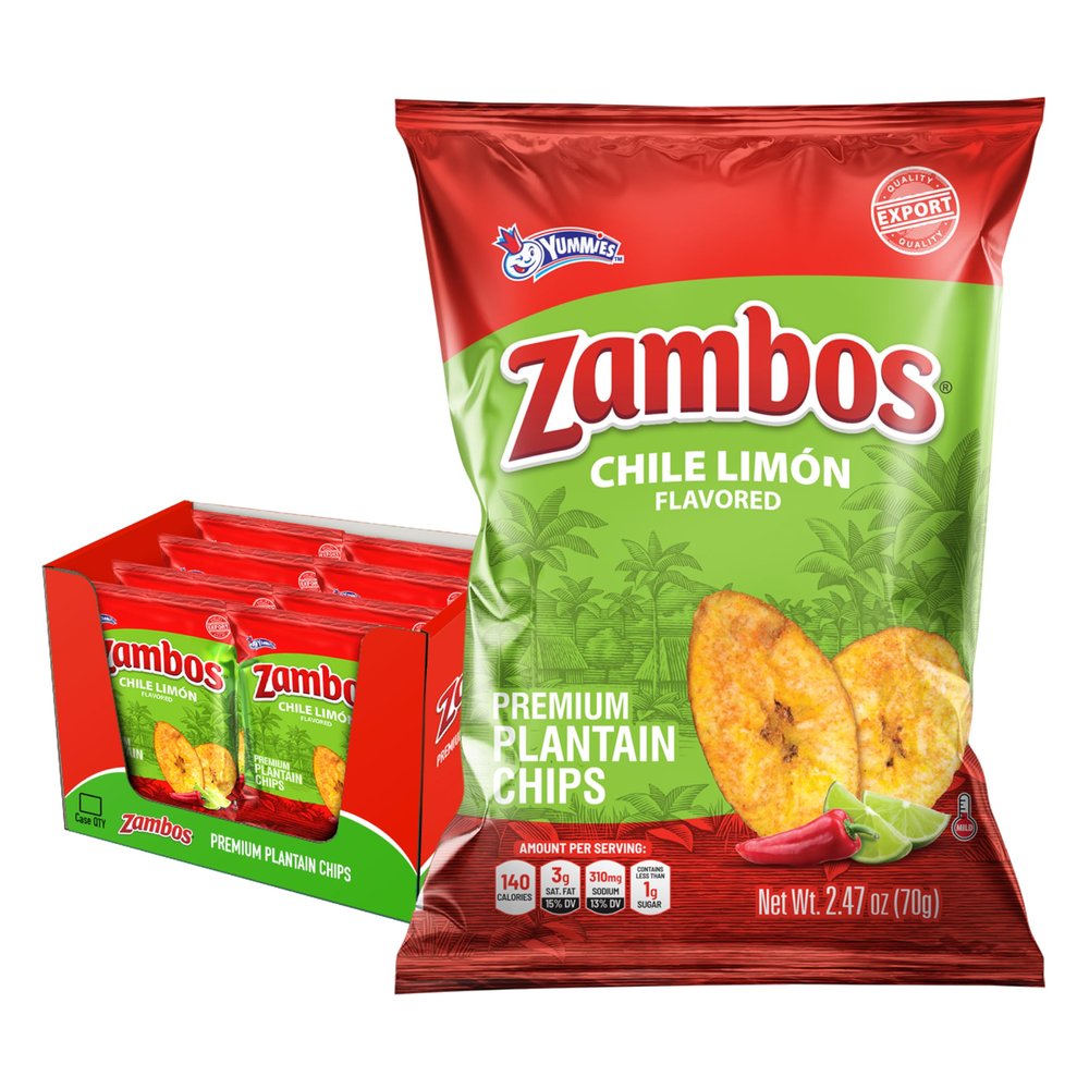 Zambos Plantain Chips Chili Limon, Crunchy Plantain Chips With Chili, Lime and Salt 2.47 oz, 8 Pack