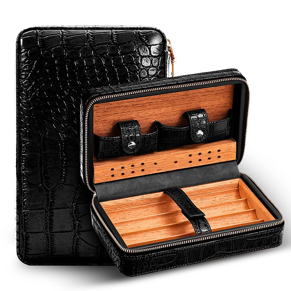 4 Finger Portable Travel Leather Cigar Case,Brown Leather Cigar Case,Cigar Storage Box,Cedar Wood Lined and Removable Cedar Tray Divider,Birthday Gift,Fathers Day Gift,Black-B
