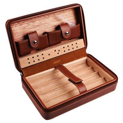 4 Finger Portable Travel Leather Cigar Case,Brown Leather Cigar Case,Cigar Storage Box,Cedar Wood Lined and Removable Cedar Tray Divider,Birthday Gift,Fathers Day Gift,Brown-A