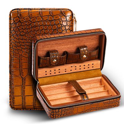 4 Finger Portable Travel Leather Cigar Case,Brown Leather Cigar Case,Cigar Storage Box,Cedar Wood Lined and Removable Cedar Tray Divider,Birthday Gift,Fathers Day Gift,Brown-B