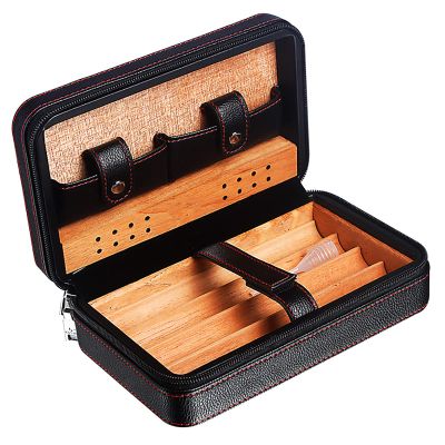 4 Finger Portable Travel Leather Cigar Case,Brown Leather Cigar Case,Cigar Storage Box,Cedar Wood Lined and Removable Cedar Tray Divider,Birthday Gift,Fathers Day Gift,Black-A