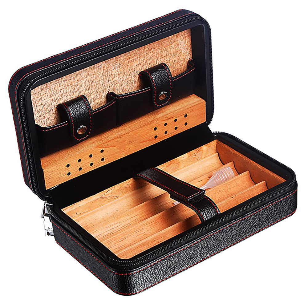 4 Finger Portable Travel Leather Cigar Case,Brown Leather Cigar Case,Cigar Storage Box,Cedar Wood Lined and Removable Cedar Tray Divider,Birthday Gift,Fathers Day Gift,Black-A