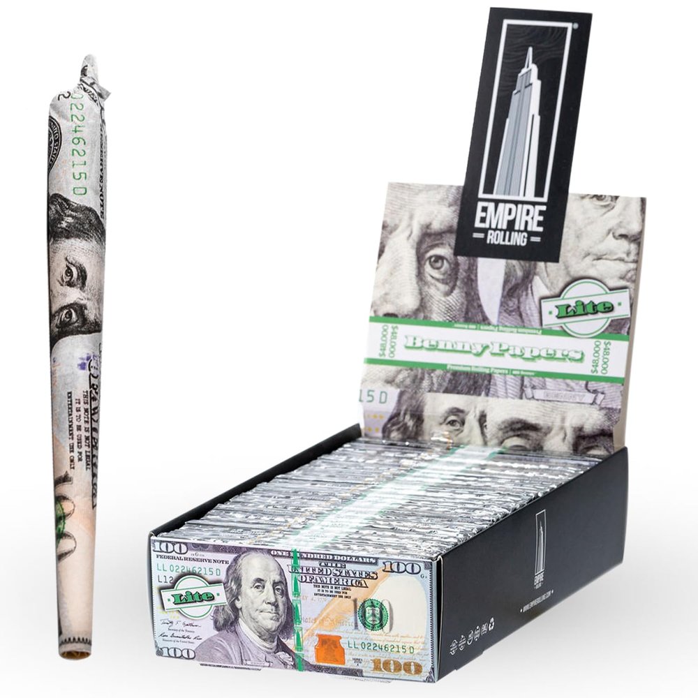 Empire Rolling Benny Lite King Size Rolling Papers  480 Count Bulk Box (24 Wallets with Filter Tips)  111mm Ultra-Thin 13gsm Natural Paper, 100 Bill Design, Smooth Slow Burn