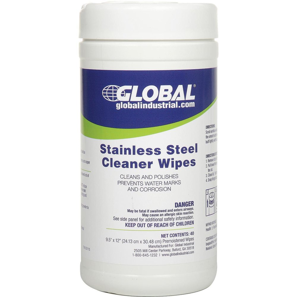 Global Industrial Stainless Steel Cleaner Wipes, 40 Wipes/Canister, 6 Canisters/Case