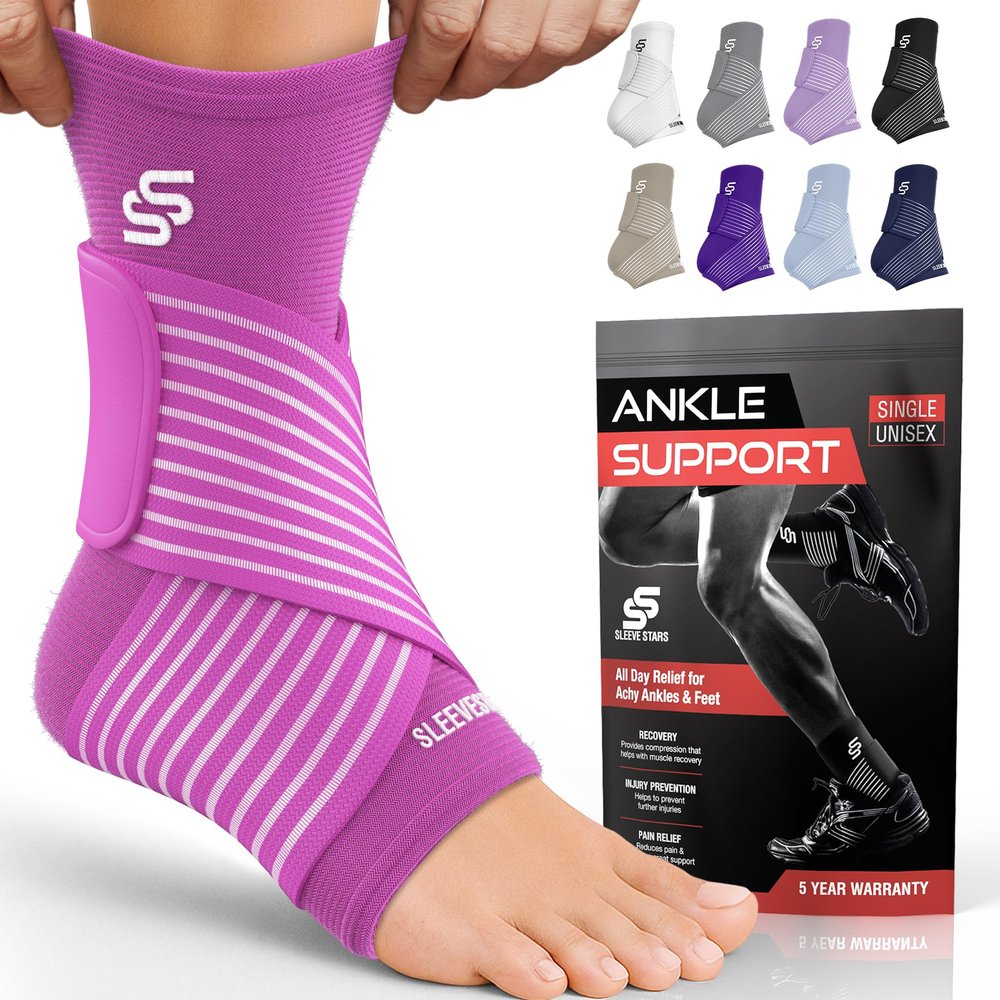 Sleeve Stars Ankle Brace for Women & Men, Ankle Wrap for Sprain, Compression Sleeve for Plantar Fasciitis Relief, Easy Customizable Support: w/ Removable Strap (Single/M:10"-12"/Hot Pink)
