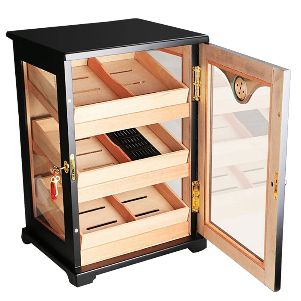 Cigar Cabinet,Spanish Cedar Lined Handmade Humidor with 3 Large Drawers,Piano Finish Three-Sided Display Glass Cigar Box with Lock and Hygrometer,Holds (100-150 Cigars),Black
