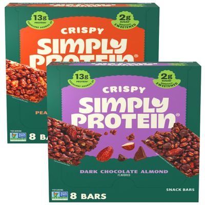 Simply Protein - Crispy Bars Variety Pack, Peanut Butter + Dark Chocolate Almond - Plant Based Protein Bars - 13g Protein, 2g Sugar, 7g Fiber - Vegan, Gluten Free, Non GMO - 16 Bars, 2 Boxes
