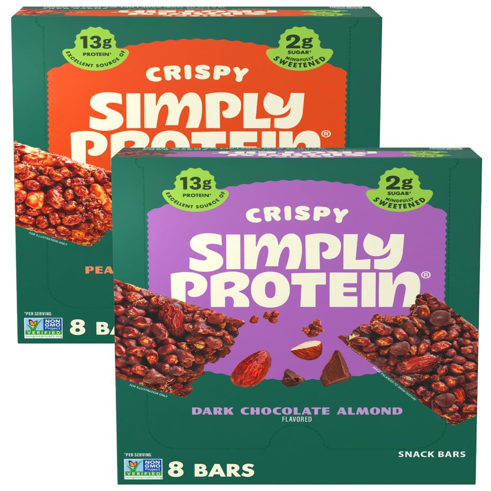 Simply Protein - Crispy Bars Variety Pack, Peanut Butter + Dark Chocolate Almond - Plant Based Protein Bars - 13g Protein, 2g Sugar, 7g Fiber - Vegan, Gluten Free, Non GMO - 16 Bars, 2 Boxes