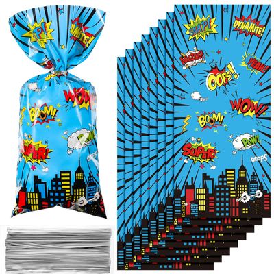 100 Pcs Hero Cellophane Treat Bags, Hero Party Gift Candy Goodie Favor Bags with 100 Silver Twist Ties for Gift Wrapping Birthday Party Shower Decor