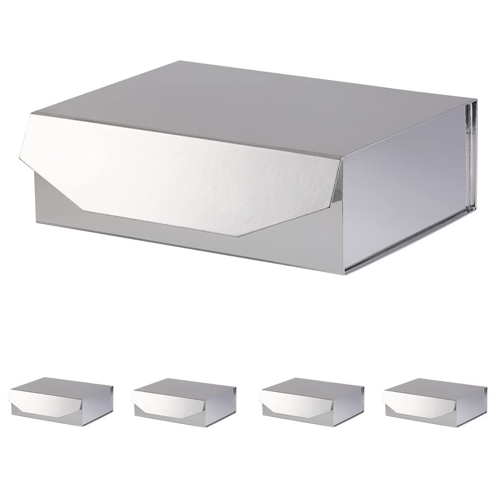 PACKGILO 5 Silver Large Gift Boxes with Lid 13x9x4 Inches, Bridesmaid Proposal Boxes, Hard Collapsible Gift Box with Magnetic Closure, Groomsman Box Reusable Gift Boxes for Clothes (Glossy Silver)