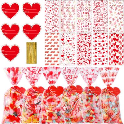 Aodaer 200 Pieces Valentine Cellophane Bags Plastic Valentines Party Treat Bags Clear Candy Gift Bags with 200 Twist Ties 50 Gift Tags, Assorted Style for Valentines Party Favors, 5 x 11 Inch