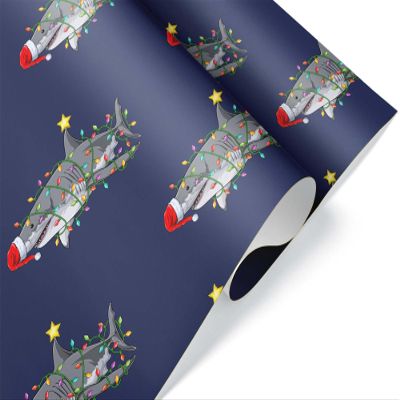 Shark Christmas Wrapping Paper, Fun Ocean Gift Wrap, X-mas Lights Tropical Holiday Party Decoration Decor (12 foot x 30 inch roll)