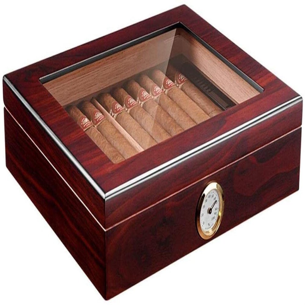 HongLianRiven Cigar Box Humidor Cigar Humidor, Cedar Cigar Desktop Box with Humidifier and Hygrometer, Glass Top for 35 Cigars (Color : C)