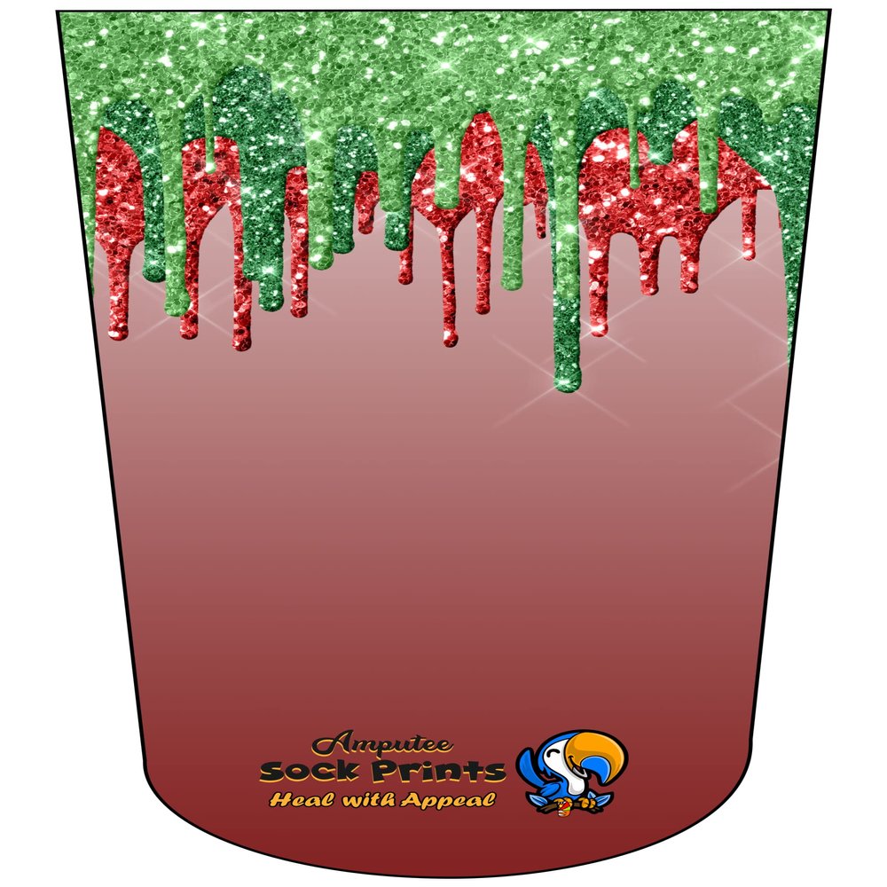 Amputee Sock "Glitter Drip Red Green"