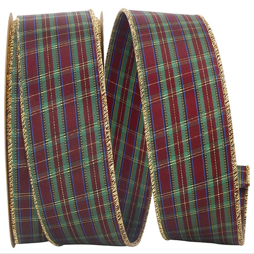 Bright Christmas Tartan Wired Ribbon - 2 1/2" x 20 Yards, Red, Green, Gold, Blue, Bright Plaid, Wreath, Gift Wrap, Bows