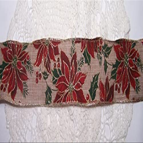 3 Yards 2.5" Burlap Style Wired (SIAb) Ribbon with Red Poinsettias Accented in Gold. Classic Holiday Decor Bow BTY Wedding Gift Wrapping