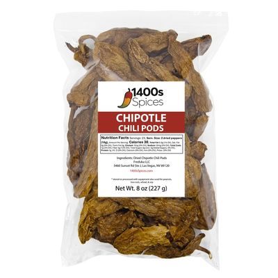 8oz Chipotle Meco Chiles, Dried Whole Smoked Peppers by 1400s Spices