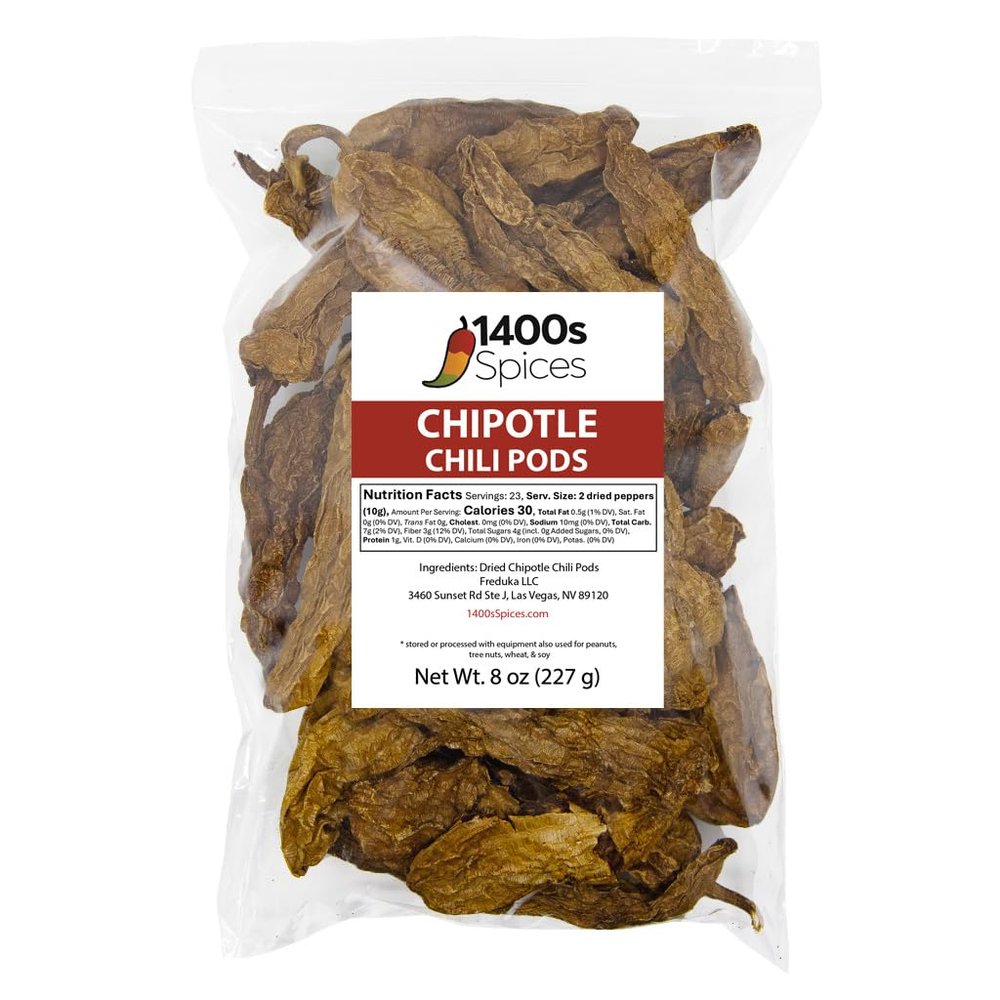 8oz Chipotle Meco Chiles, Dried Whole Smoked Peppers by 1400s Spices