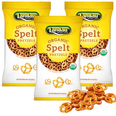 Landau Organic Spelt Pretzels, Salted, 8 oz (Pack of 3) | USDA Certified Organic, Kosher Pareve, Low-Fat Crunchy Snack | All-Natural Ingredients, Non-GMO, Healthy Salted Pretzel Bites